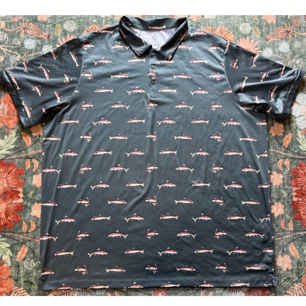 Club Room Mens‎ 1XLT Trout Fish Print Golf Polo Shirt Gray Short Sleeve Tall